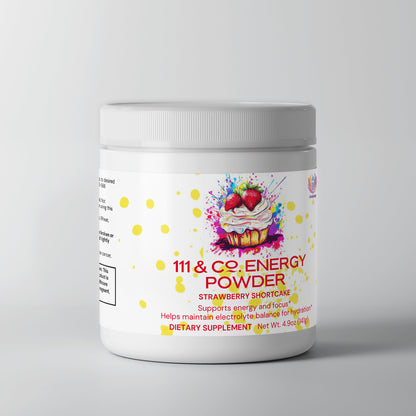 The white jar labeled 111 & COMPANY ENERGY POWDER (STRAWBERRY SHORTCAKE) by 111 & Company, with a strawberry shortcake design, offers balanced energy, focus, and hydration. A partial disclaimer appears on the side of this sugar-free treat. Net weight: 4.93oz (140g), set against a plain light gray background.