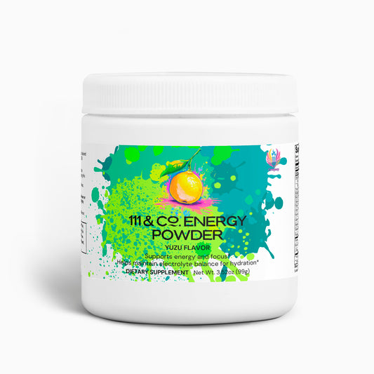 The 111 & Company Energy Powder container features vibrant white with a zesty yellow yuzu amid green and blue splashes. It offers balanced energy and hydration in a sugar-free formula with a net weight of 3.17 oz (90g).