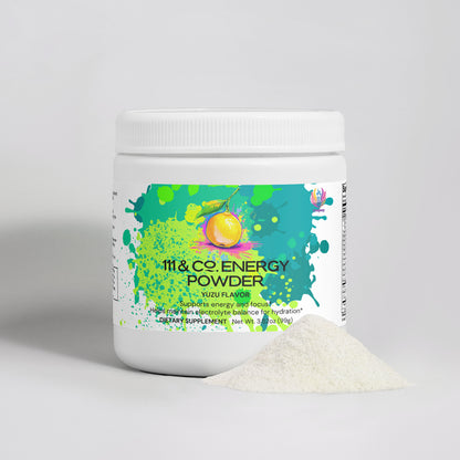 A white container of 111 & COMPANY ENERGY POWDER (YUZU FLAVOR) features green and yellow graphics with splashes and yuzu fruit. This sugar-free formula promotes balanced energy and focus, with a small mound of powder displayed in front.