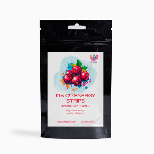 The black 111 & COMPANY ENERGY STRIPS (CRANBERRY FLAVOR) BAG from 111 & Company, featuring a white label with cranberry graphics, offers 30 dietary supplement strips to boost energy, fight fatigue, and enhance mental clarity.