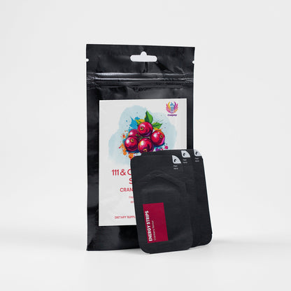 A black pouch featuring vibrant cranberries and the 111 & Company logo showcases their ENERGY STRIPS (CRANBERRY FLAVOR) BAG. In front, three sachets labeled Energy Oral Strips promise mental clarity and sustained energy against a plain white background.