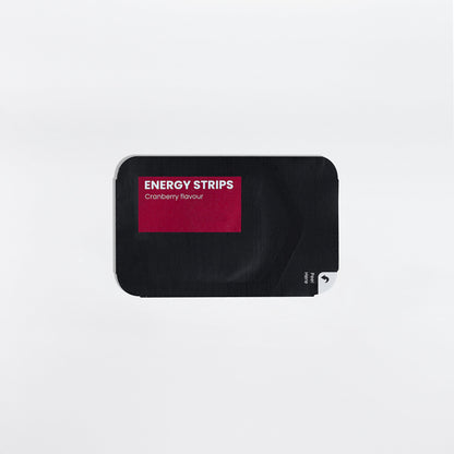 The 111 & Company Energy Strips bag is rectangular, black, labeled ENERGY ORAL STRIPS in red and white text with CRANBERRY FLAVOR below. It has rounded corners and a small arrow symbol at the bottom right on a plain white background, designed to promote mental clarity for sustained energy.