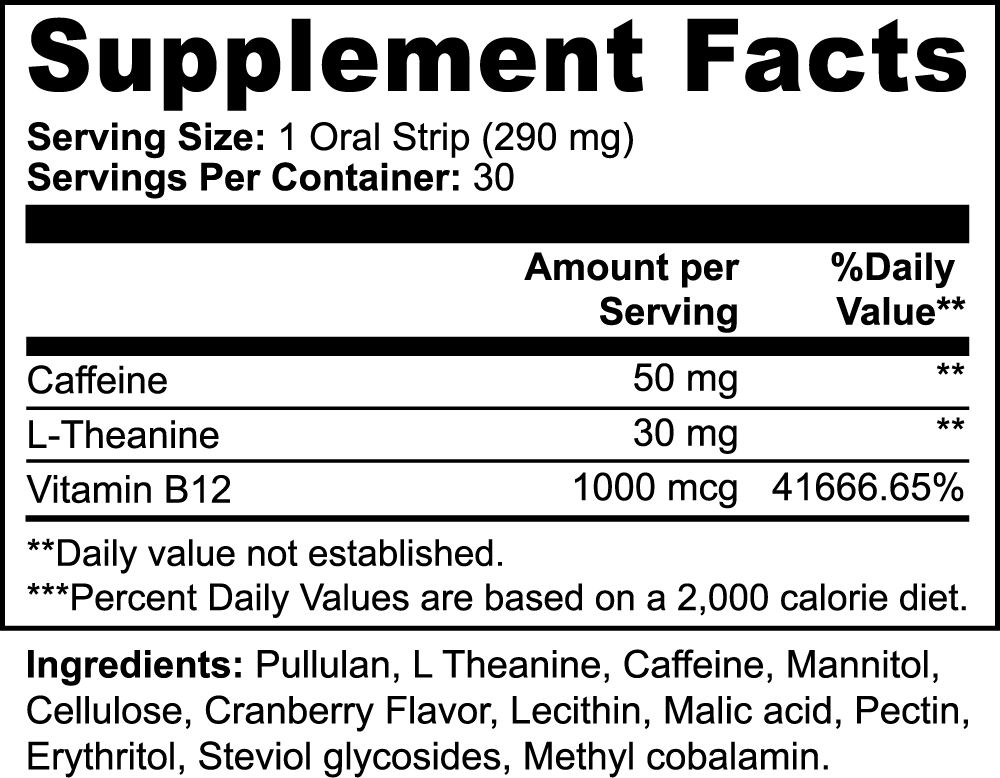 111 & Companys Energy Strips, in a cranberry flavor, deliver mental clarity with each 290 mg strip containing caffeine (50 mg), L-Theanine (30 mg), and Vitamin B12 (1000 mcg, 41666.65% DV) for lasting energy. Includes pullulan, mannitol, cellulose, and flavorings in an easy-to-use oral strip format.