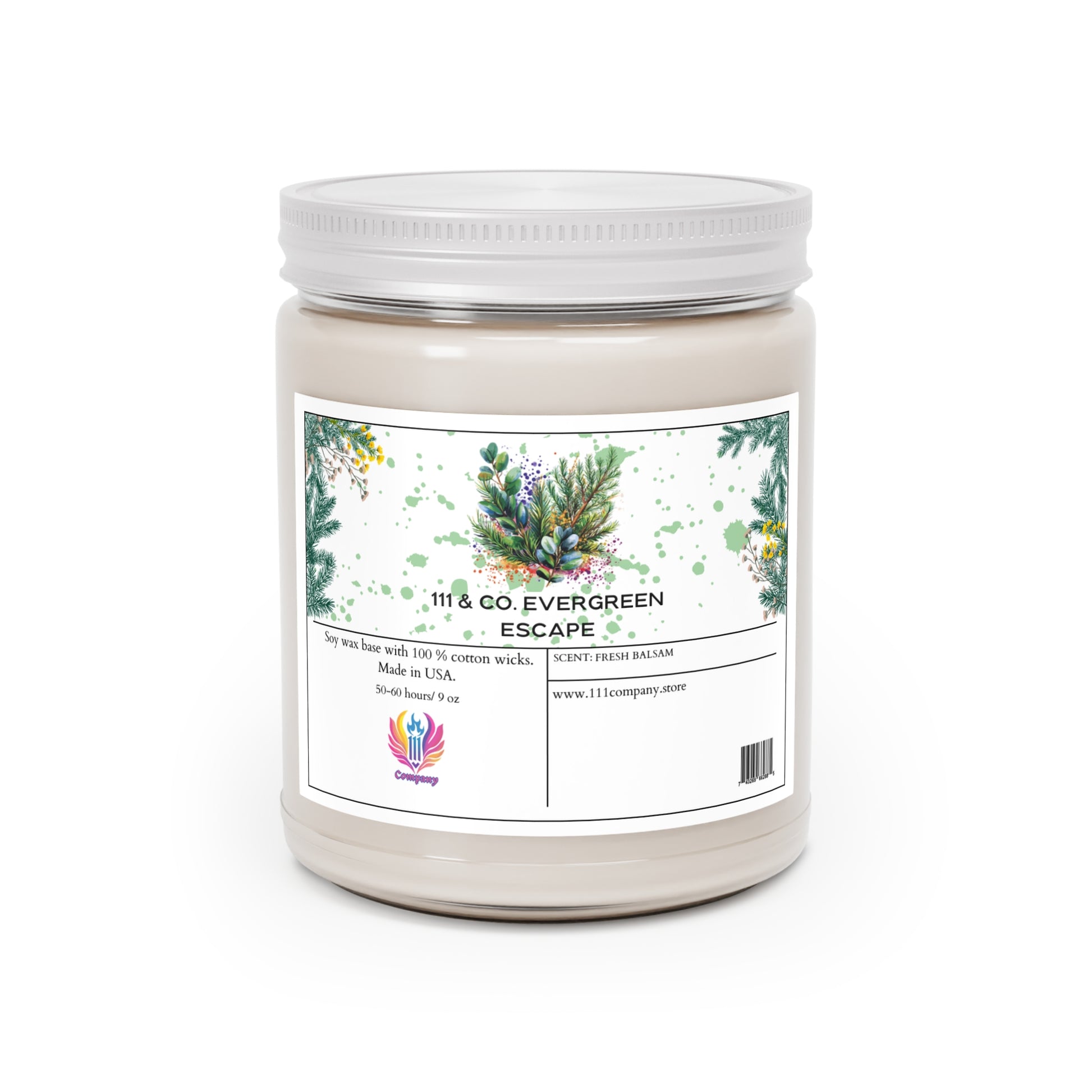 111 & Company Evergreen Escape candle features a white lid, green watercolor design with pine accents, and offers a Fresh Balsam scent with eucalyptus. Made from soy wax and 100% cotton wicks, it burns for 50-60 hours. Made in the USA, it creates a natural ambiance.