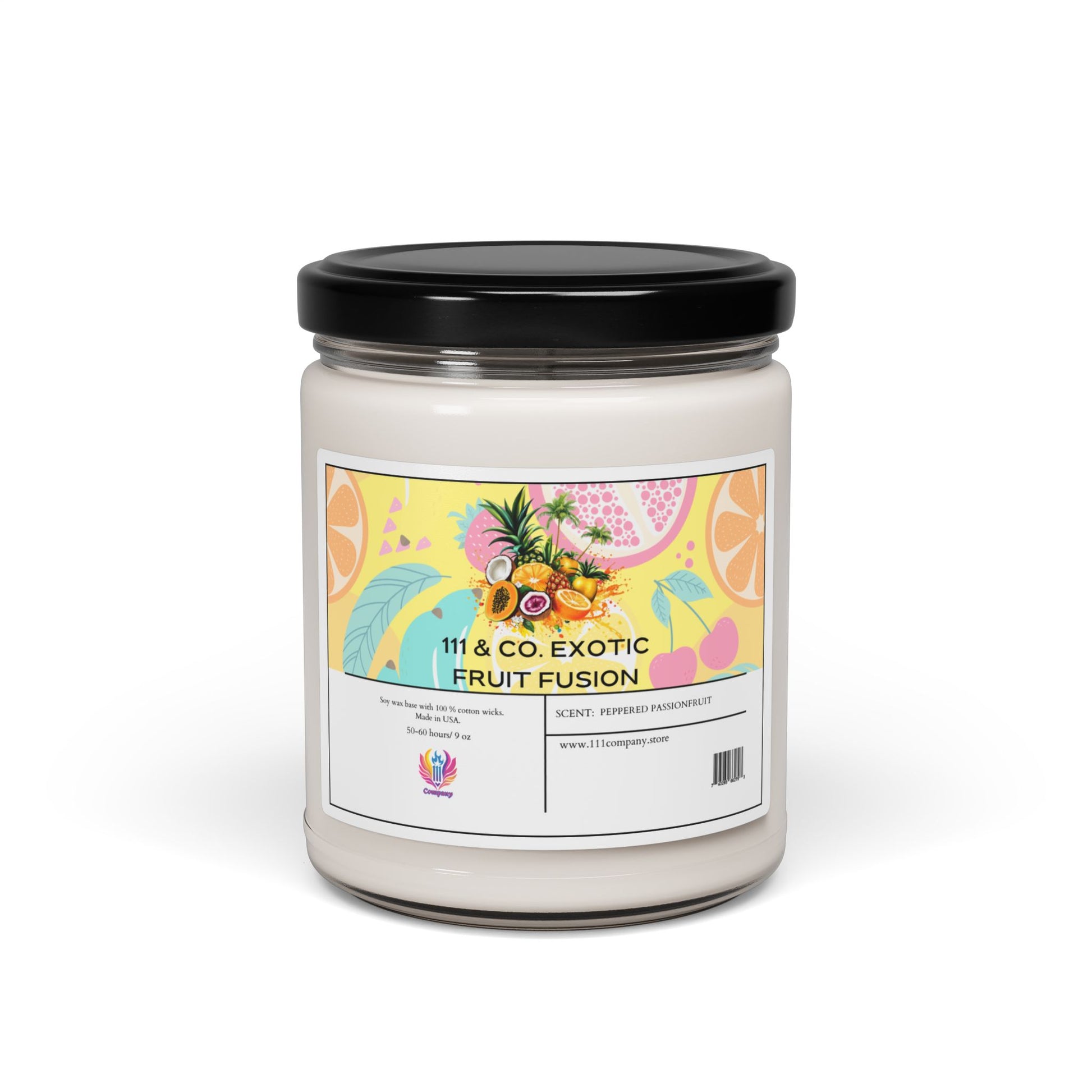 The 111 & Company Exotic Fruit Fusion Peppered Passionfruit Soy Wax Candle by 111 & Company offers an eco-friendly tropical escape, featuring vibrant illustrations of pineapples, watermelons, and citrus.