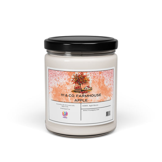 The 111 & Company Farmhouse Apple Harvest Candle features an illustrated apple tree on a white jar with a black lid. This eco-friendly, scented soy candle has a long-lasting burn time. A QR code and website URL are on the bottom against a white background.