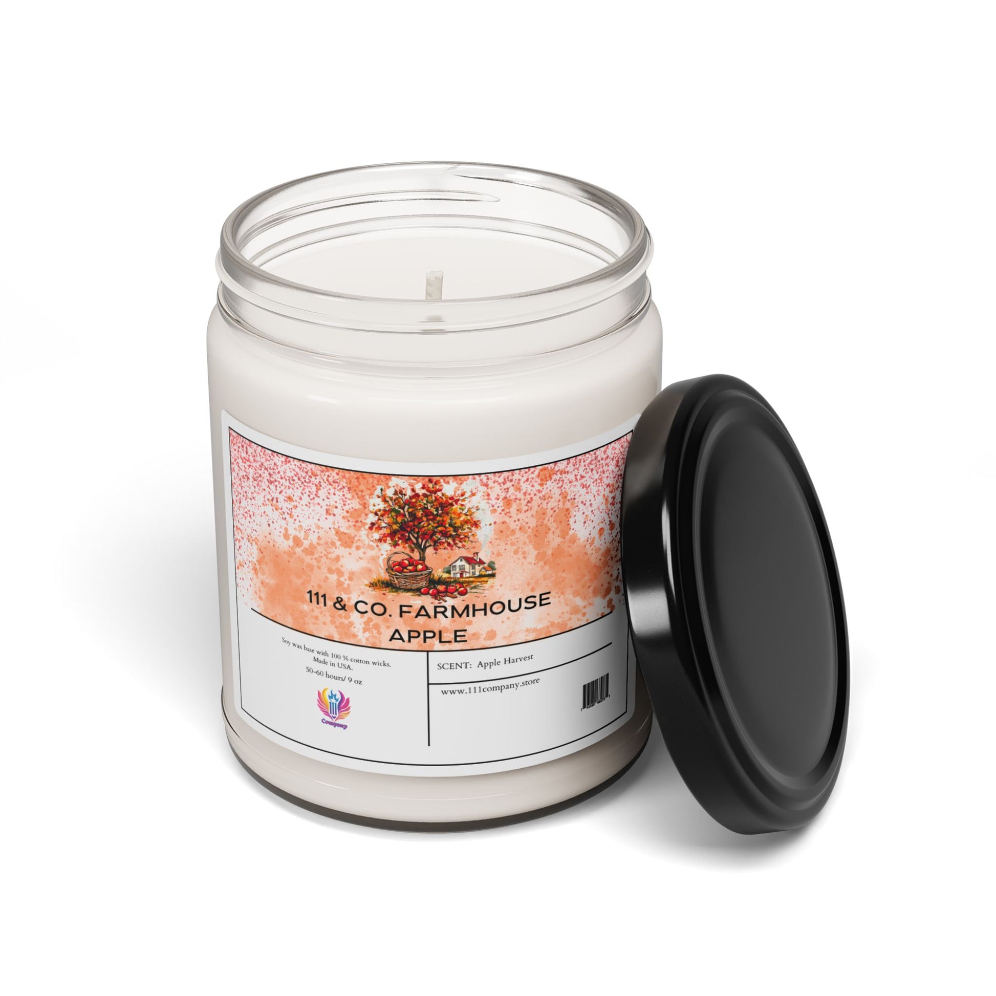 A white scented soy candle in a clear jar with a black lid and apple tree illustration reads 111 & Company Farmhouse Apple. This eco-friendly 9oz Printify candle promises long-lasting burning time, highlighted by text and a colorful logo below.