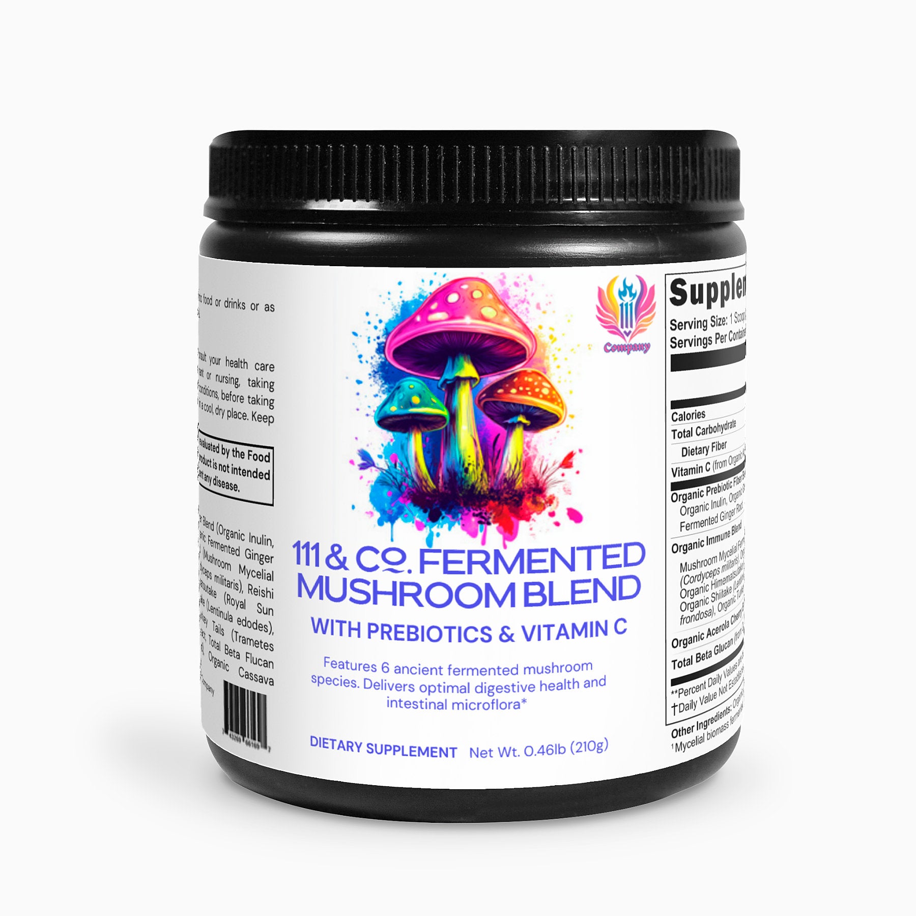 A black container of 111 & Company Fermented Mushroom Blend features vibrant psychedelic mushroom graphics. Emphasizing immune support, it highlights prebiotics, vitamin C, and polysaccharides for digestive health in a colorful design on a white background.