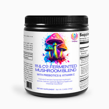 A black container of 111 & Company Fermented Mushroom Blend features vibrant psychedelic mushroom graphics. Emphasizing immune support, it highlights prebiotics, vitamin C, and polysaccharides for digestive health in a colorful design on a white background.