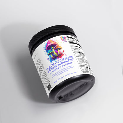 A jar of 111 & COMPANY FERMENTED MUSHROOM BLEND sits tilted on a light gray surface. The white label, illustrated with colorful mushrooms, promotes its rich prebiotics, immune-boosting polysaccharides, and vitamin C content. The jar has a black lid and offers detailed product information.