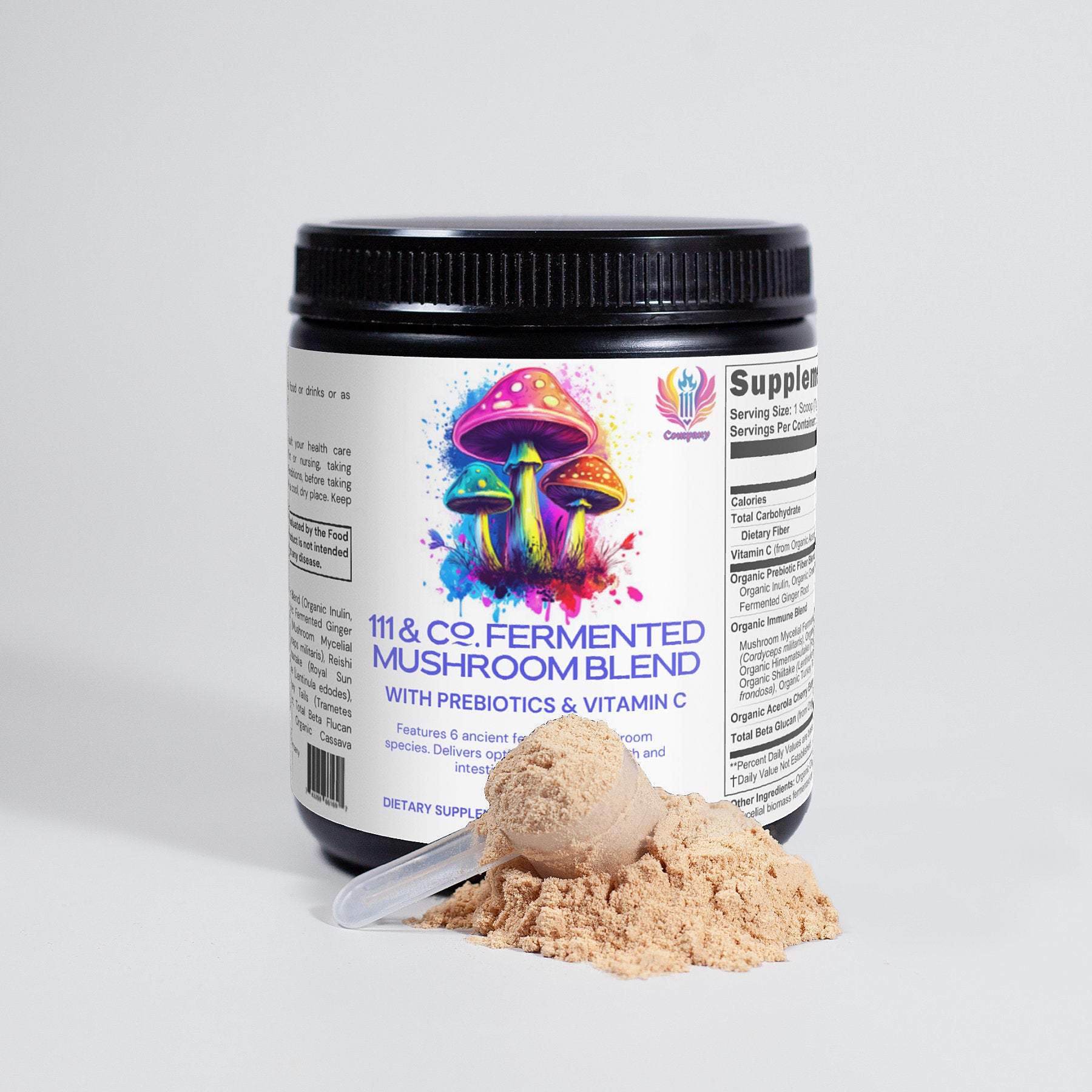 A 111 & COMPANY FERMENTED MUSHROOM BLEND container is depicted, showcasing vibrant mushrooms on the label. It contains prebiotics, vitamin C, and immune-supportive polysaccharides for health benefits. A scoop of powder lies beside the open container, spilling slightly onto the white surface.