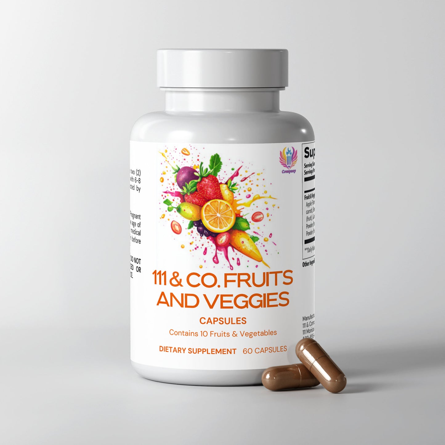 A white bottle labeled 111 & Company Fruits and Veggies Capsules features vibrant illustrations hinting at a blend of 10 fruits and veggies, including beetroot powder. It contains 60 capsules, with two brown ones beside it on a light surface.