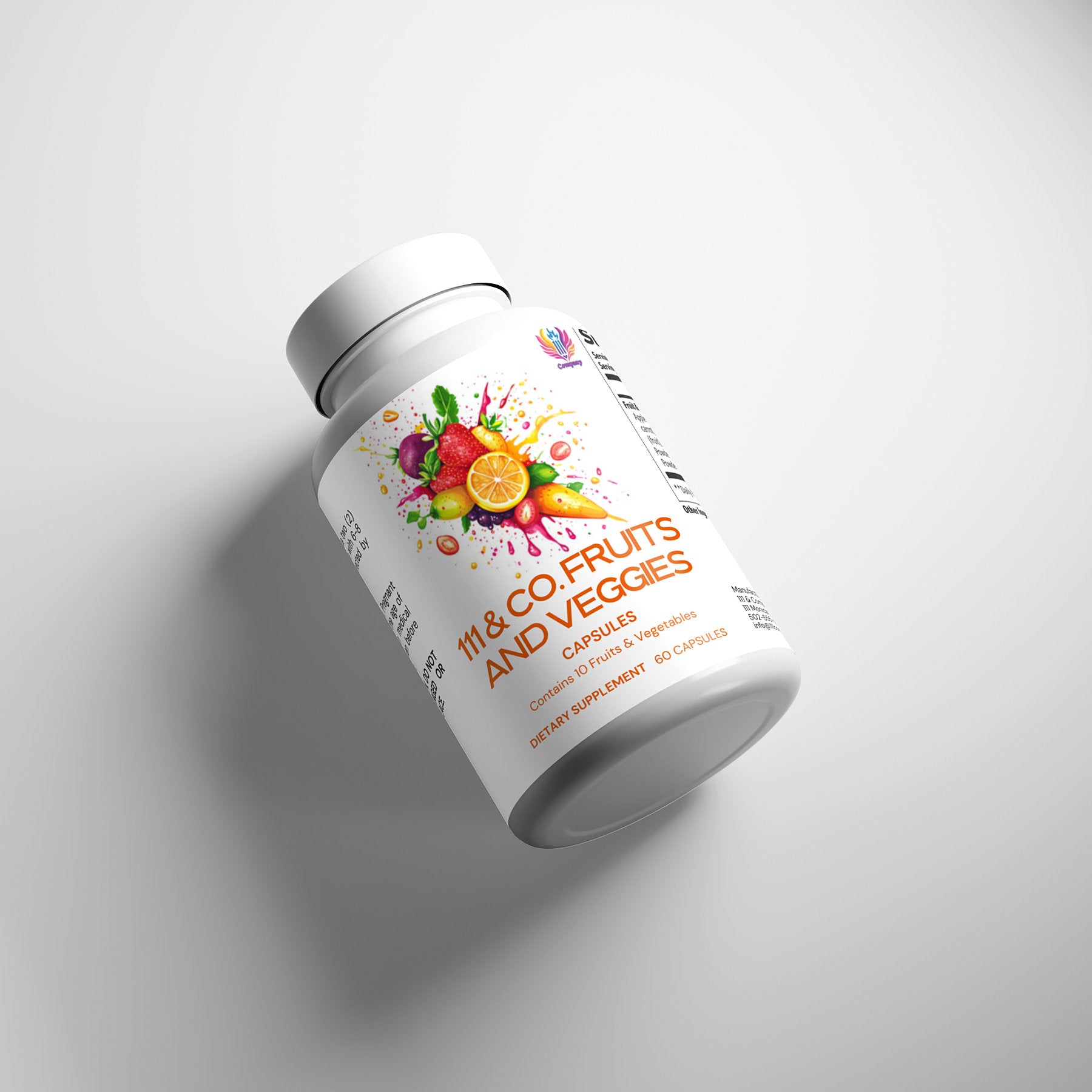 A white 111 & Company Fruits and Veggies Capsules bottle with blueberry powder blend has 60 capsules. Set against a light backdrop, the label displays vibrant fruits and vegetables. The slightly angled bottle casts a soft shadow.