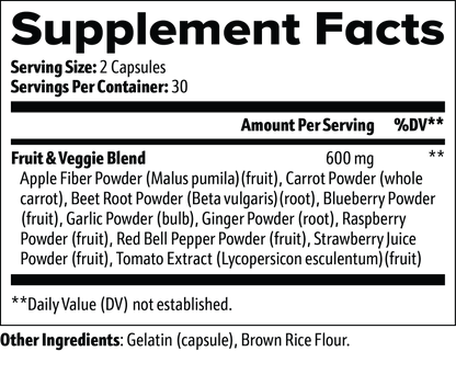 The 111 & COMPANY FRUITS AND VEGGIES CAPSULES have a serving size of 2 capsules, offering 30 servings per container. Each serving includes a 600 mg Fruit & Veggie Blend with apple fiber powder, carrot, beet root powder, blueberry powder, garlic, ginger, raspberry, red bell pepper, strawberry and tomato extract. Contains gelatin and brown rice flour.