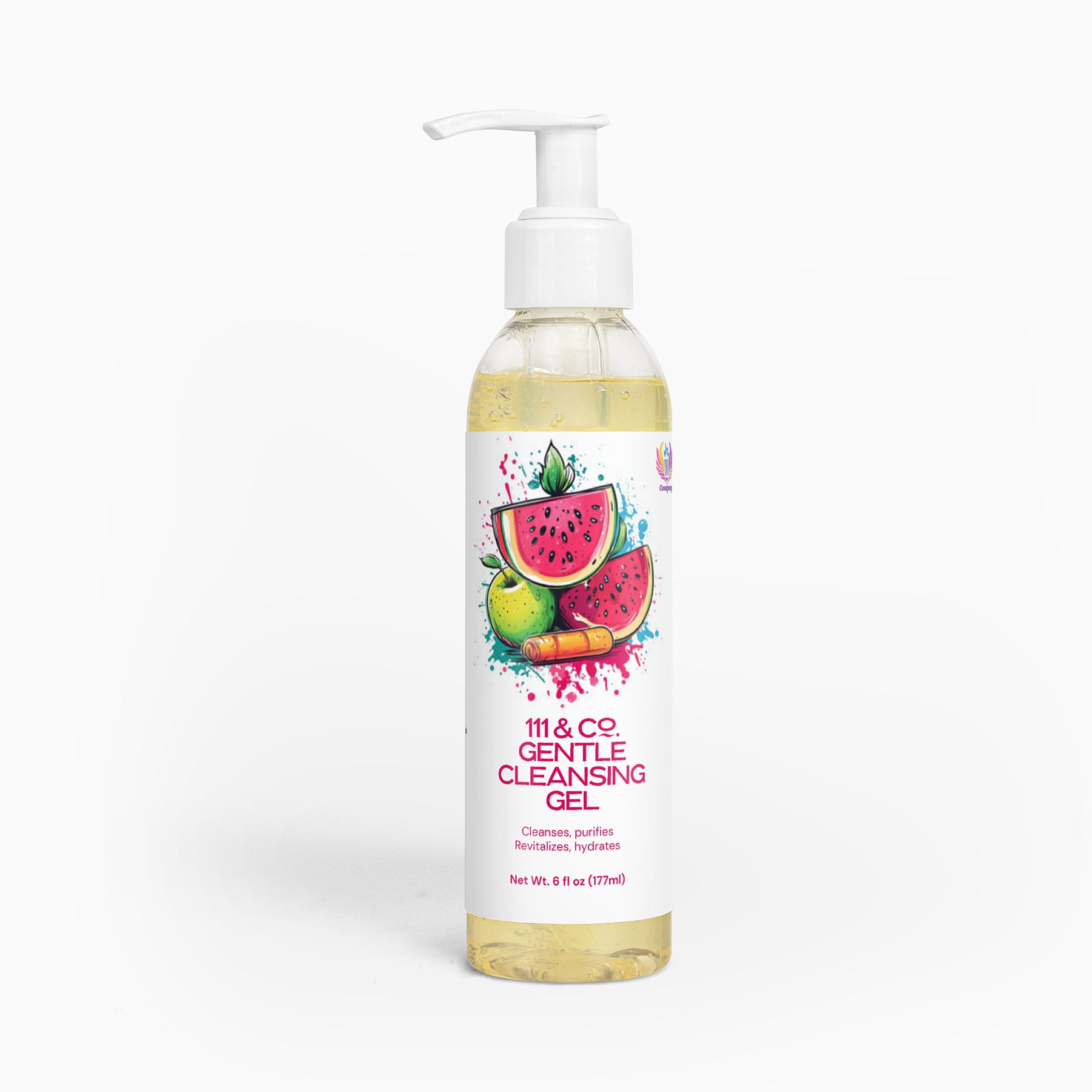 An 8 fl oz (237 ml) clear bottle with a white pump dispenser holds 111 & Company Gentle Cleansing Gel, featuring vibrant watermelon and citrus illustrations on its label. It reads: Cleanses, Purifies, Revitalizes, Hydrates while maintaining natural moisture balance.
