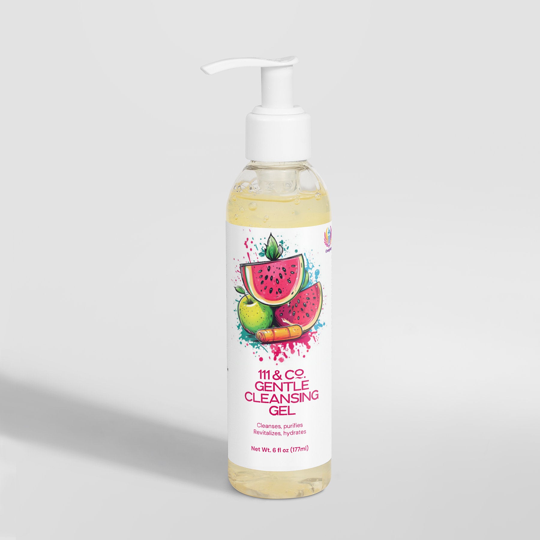 A 6 fl oz (177 ml) bottle of 111 & Companys Gentle Cleansing Gel with a white pump features colorful watermelon, lime, and papaya illustrations. The label highlights its oil-free gel formula, offering hydration, cleansing, purification, and revitalization.