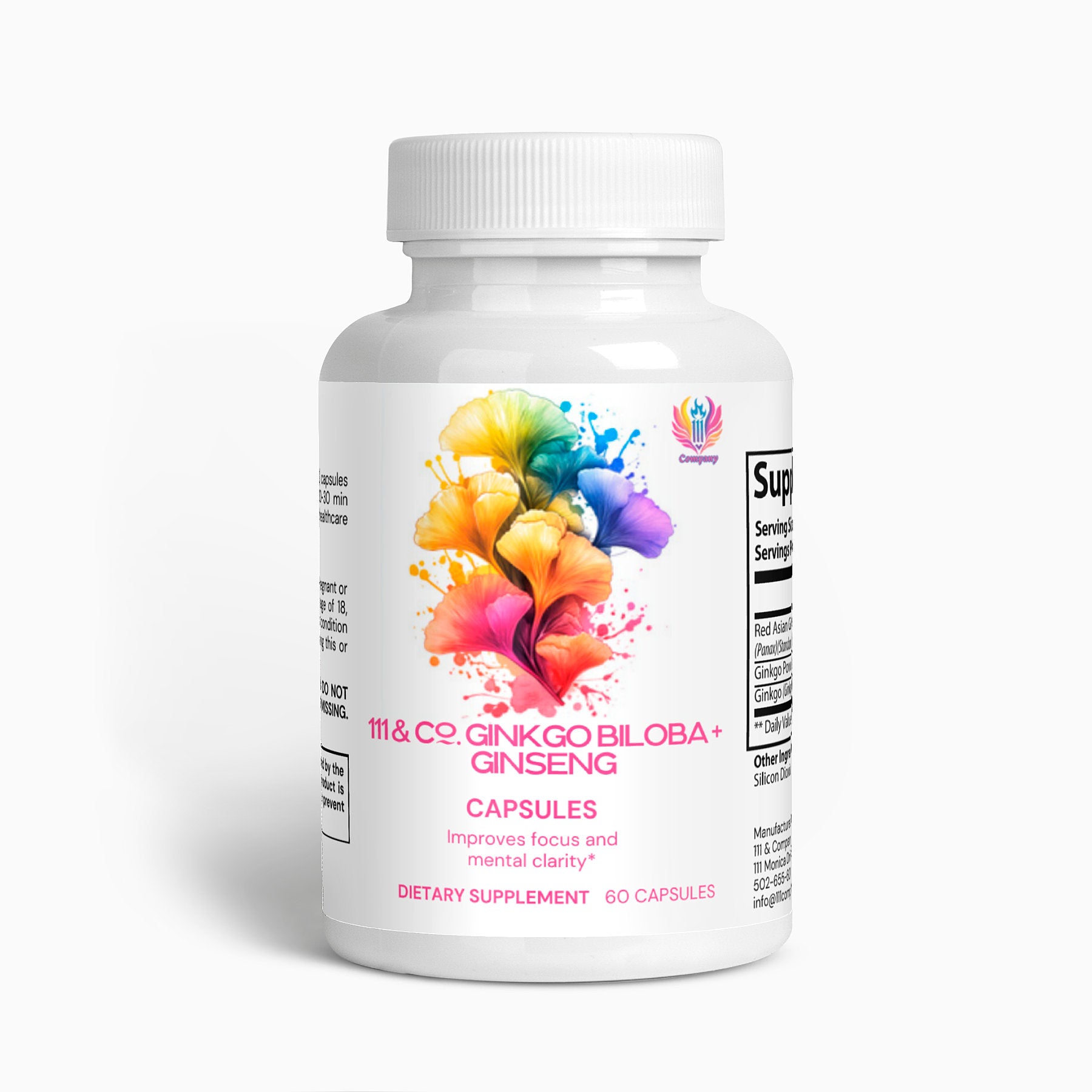 The product is a white bottle labeled 111 & COMPANY GINKGO BILOBA + GINSENG CAPSULES by 111 & Company, featuring orange, yellow, and pink ginkgo leaves. It contains 60 capsules that claim to enhance focus, mental clarity, and boost the immune system against a plain white background.