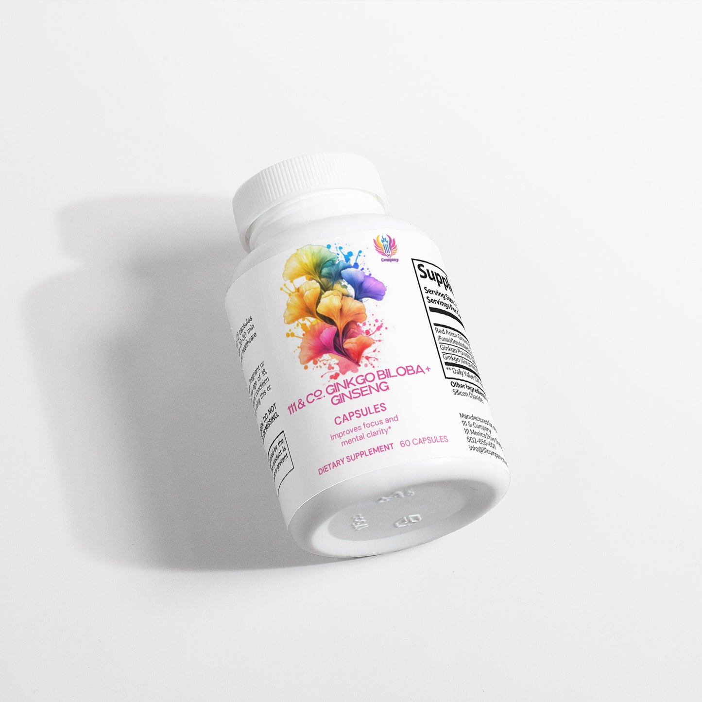 A 111 & COMPANY GINKGO BILOBA + GINSENG CAPSULES bottle, on a plain background, features colorful swirls of yellow, orange, pink, and blue. It emphasizes potent flavonoids and holds 60 capsules with visible nutritional information.