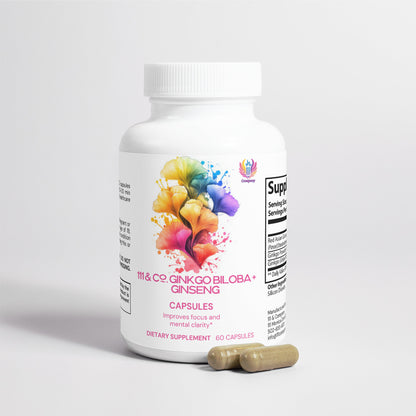 A white bottle of 111 & Company Ginkgo Biloba + Ginseng capsules, adorned with a colorful ginkgo leaf design that highlights flavonoids for focus and mental clarity, sits on a white background with directions and supplement facts. Two capsules are elegantly placed beside it.