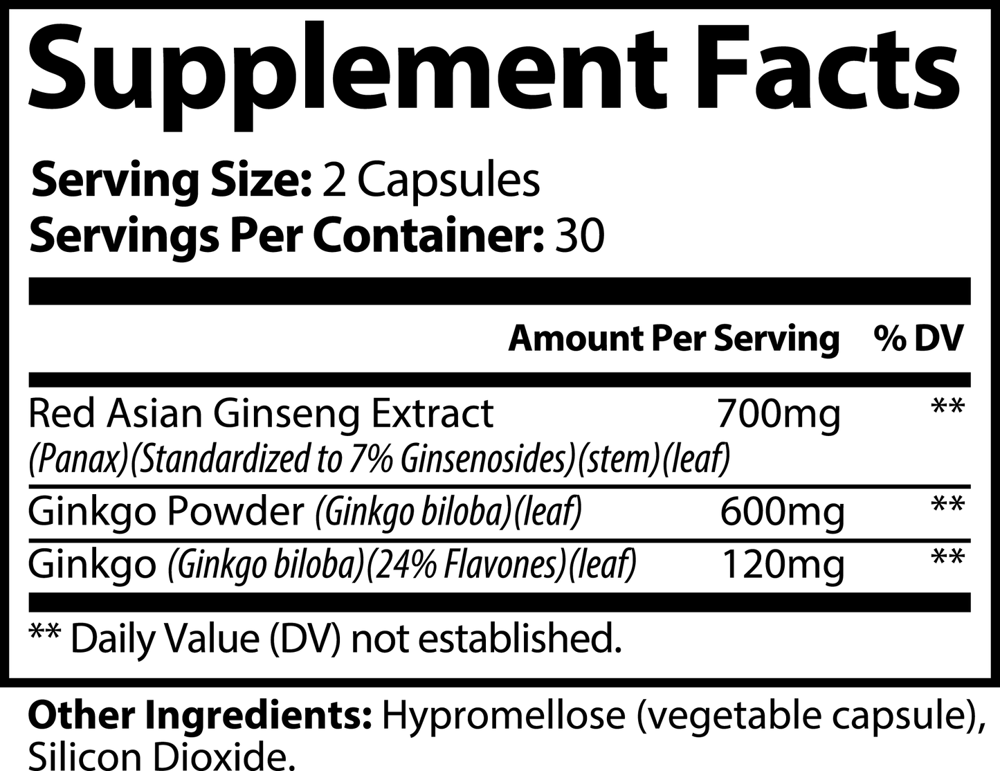 The 111 & Company Ginkgo Biloba + Ginseng Capsules have a serving size of 2 capsules, offering 30 servings per container. It includes Red Asian Ginseng Extract and Ginkgo Biloba Powder with Ginkgo Flavones. Other ingredients are hypromellose and silicon dioxide. Daily values are not established.