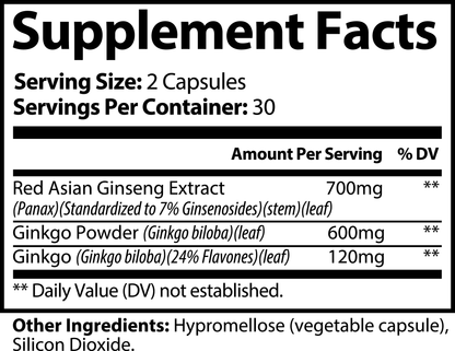 The 111 & Company Ginkgo Biloba + Ginseng Capsules have a serving size of 2 capsules, offering 30 servings per container. It includes Red Asian Ginseng Extract and Ginkgo Biloba Powder with Ginkgo Flavones. Other ingredients are hypromellose and silicon dioxide. Daily values are not established.