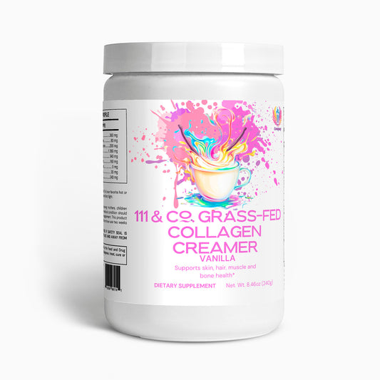 White container of 111 & Company Grass-Fed Collagen Creamer (Vanilla) by 111 & Company, featuring Hydrolyzed Collagen Peptides. Label has a colorful splash and coffee cup design. Supports skin, hair, muscle, and bone health. Net weight: 8.46 oz (240 g).