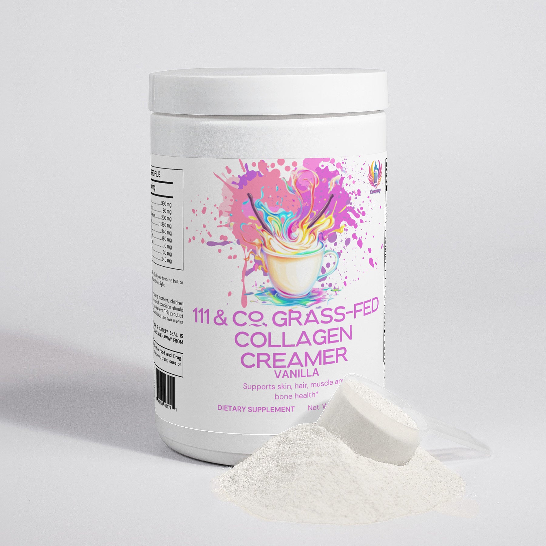 The 111 & Company Grass-Fed Collagen Creamer (Vanilla) features a white container with a colorful coffee cup illustration. This hydrolyzed collagen creamer helps support skin, hair, muscle, and bone health. A scoop of the powdered mix is artfully spilled in front of it.