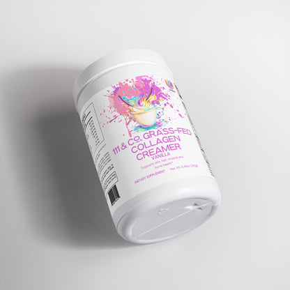 A 111 & Company Grass-Fed Collagen Creamer (Vanilla) container lies on its side against a white background. The label features colorful splashes, a coffee cup graphic, mentions Hydrolyzed Collagen Peptides, and states the net weight as 16.68 oz (480g).