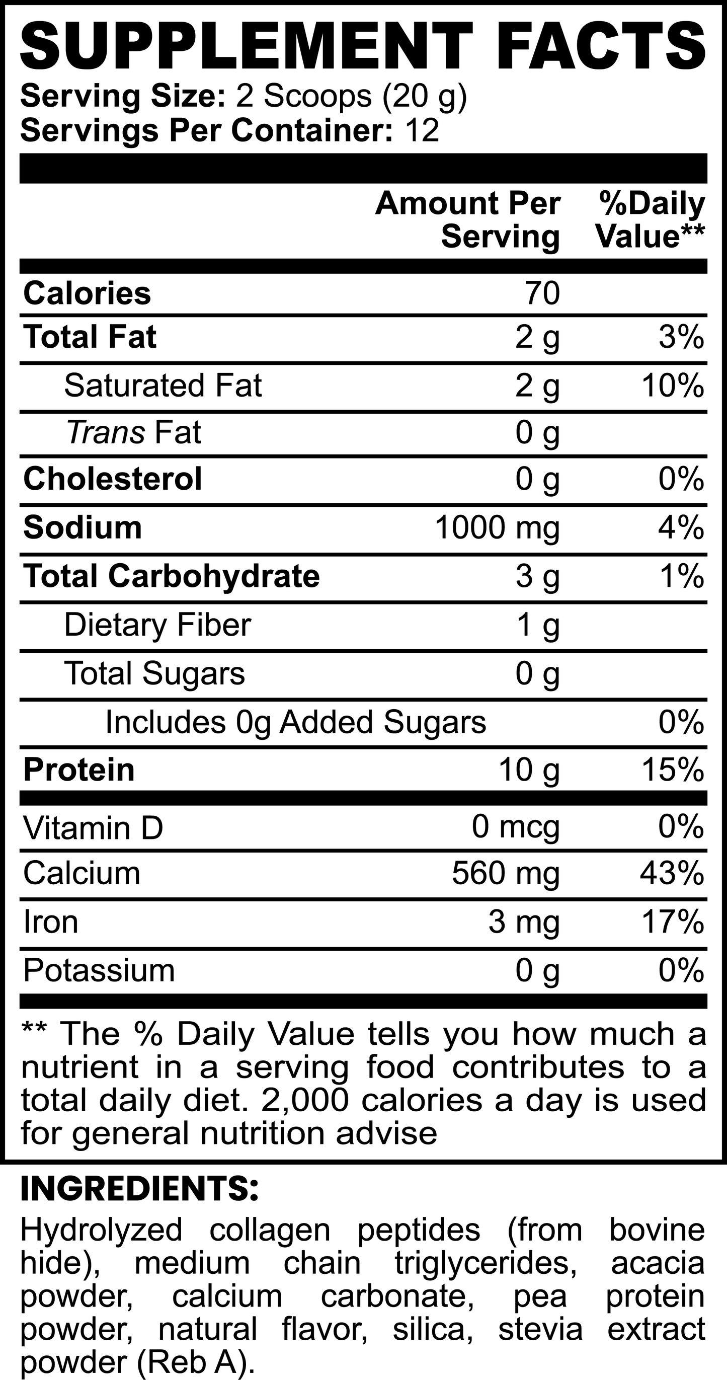 The 111 & COMPANY GRASS-FED COLLAGEN CREAMER (VANILLA) by 111 & Company offers a serving size of 2 scoops (20g) with 12 servings per container. Each serving has 70 calories, 3g fat, 100mg cholesterol, 100mg sodium, 3g carbs, and 9g protein. It includes grass-fed hydrolyzed collagen peptides and stevia extract.