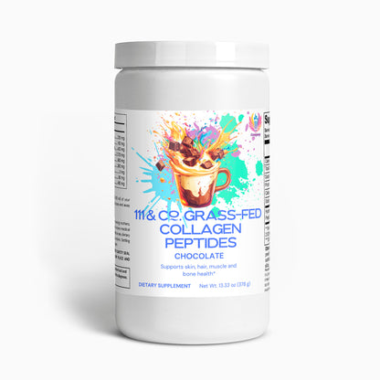 The 111 & Company Grass-Fed Collagen Peptides Powder (Chocolate) container is white with a vibrant design featuring a coffee cup surrounded by colorful splashes. It highlights benefits for skin, hair, muscle, and bone health, offering collagen from grass-fed sources. Net weight: 13.33 oz (378 g).