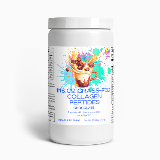 The 111 & Company Grass-Fed Collagen Peptides Powder (Chocolate) container is white with a vibrant design featuring a coffee cup surrounded by colorful splashes. It highlights benefits for skin, hair, muscle, and bone health, offering collagen from grass-fed sources. Net weight: 13.33 oz (378 g).