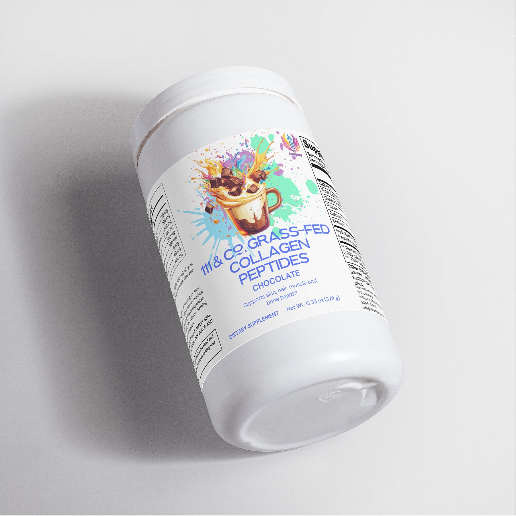 A 1 lb. white container of 111 & Company Grass-Fed Collagen Peptides Powder (Chocolate flavor) features a vibrant splash design and a steaming chocolate mug on the label, with visible nutritional info, slightly tilted against a plain white background.