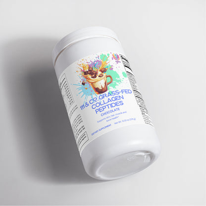 A 1 lb. white container of 111 & Company Grass-Fed Collagen Peptides Powder (Chocolate flavor) features a vibrant splash design and a steaming chocolate mug on the label, with visible nutritional info, slightly tilted against a plain white background.