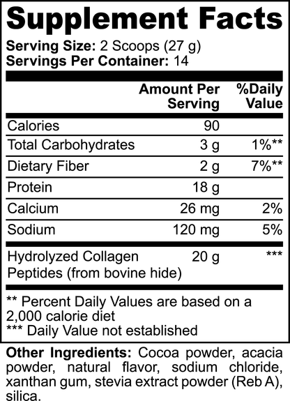 The supplement facts label for 111 & COMPANY GRASS-FED COLLAGEN PEPTIDES POWDER (CHOCOLATE) by 111 & Company details calories, carbohydrates, dietary fiber, protein, calcium, and sodium per serving. It contains 20g hydrolyzed collagen peptides and includes cocoa powder, acacia powder, and stevia extract. Serves 14.
