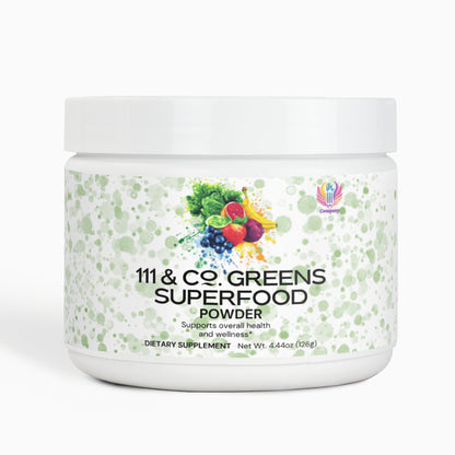 A white container of 111 & COMPANY GREENS SUPERFOOD by 111 & Company features green splashes and assorted fruits and veggies. Packed with essential vitamins and minerals, it supports overall health. Net weight: 4.44 oz (126g). The brand logo is prominently above the text.