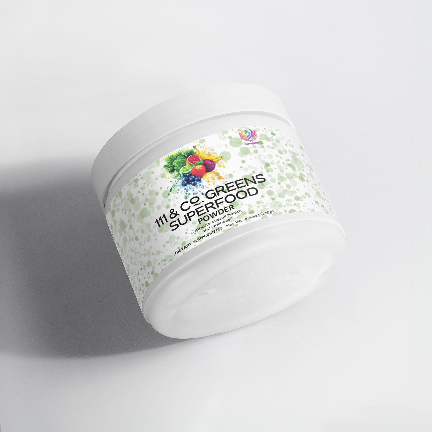 A white cylindrical container, slightly tilted, features the label 111 & COMPANY GREENS SUPERFOOD. It displays a vivid illustration of fruits and veggies like berries and greens on a light green speckled background. This greens powder from 111 & Company offers plant-based nutrients for optimal health.