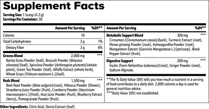 The Supplement Facts label for  111 & COMPANY GREENS SUPERFOOD outlines serving size, servings per container, calories, and nutrient blends like Greens powder and Digestive Support with essential vitamins and minerals for daily wellness.