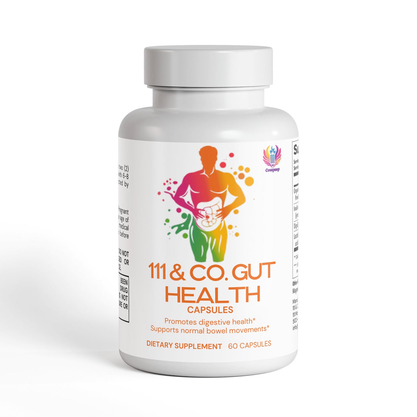 A white bottle labeled 111 & COMPANY GUT HEALTH CAPSULES by 111 & Company features a colorful silhouette of a person holding their stomach, highlighting benefits for digestion and bowel movements. It contains 60 probiotic-infused capsules to support optimal gut health.