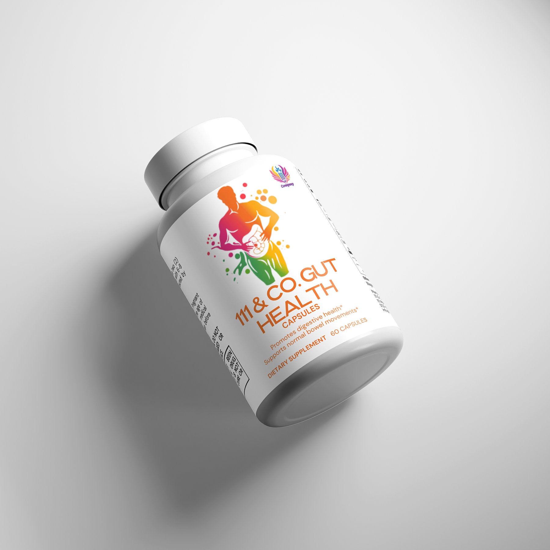 A white bottle labeled 111 & COMPANY GUT HEALTH CAPSULES lies on its side against a light background. The label, highlighting probiotic benefits, features a colorful silhouette of a person with abstract designs around the abdomen. It states its a dietary supplement from 111 & Company with 60 capsules.