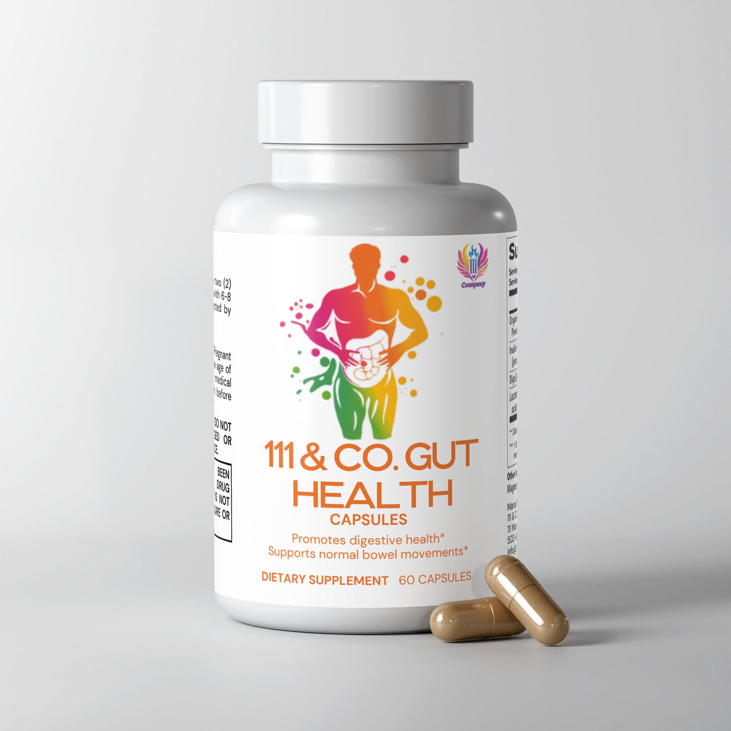 A white bottle of 111 & Company Gut Health Capsules features a colorful silhouette of a running person embracing their stomach. Enhanced with probiotics, it supports digestive health and bowel movements. Includes 60 dietary supplement capsules, with two beside it.