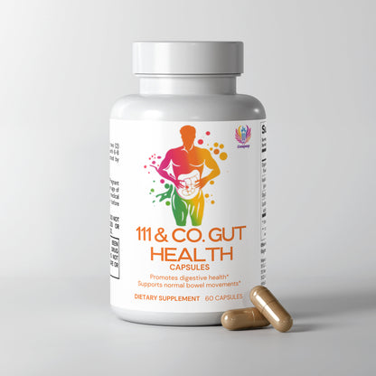 A white bottle of 111 & Company Gut Health Capsules features a colorful silhouette of a running person embracing their stomach. Enhanced with probiotics, it supports digestive health and bowel movements. Includes 60 dietary supplement capsules, with two beside it.