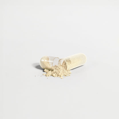 A translucent 111 & COMPANY GUT HEALTH CAPSULE from 111 & Company bursts open on a minimalist, monochrome background, revealing fine beige apple cider vinegar powder. The contrast highlights this natural elixir famed for its gut health benefits.