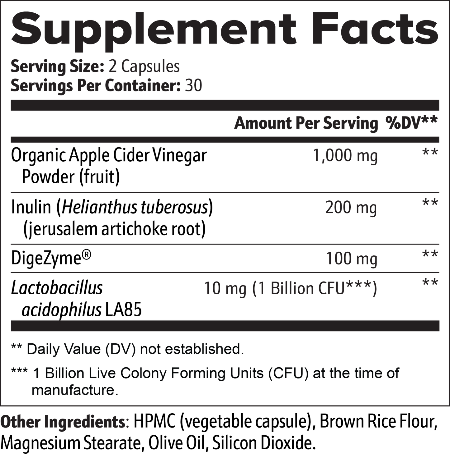 The 111 & COMPANY GUT HEALTH CAPSULES by 111 & Company feature a black-and-white supplement facts label. Each serving (2 capsules) includes Organic Apple Cider Vinegar Powder (1,000 mg), Inulin (200 mg), DigeZyme (100 mg), Lactobacillus acidophilus LA85 (10 mg, 1 Billion CFU), HPMC, and Brown Rice Flour.