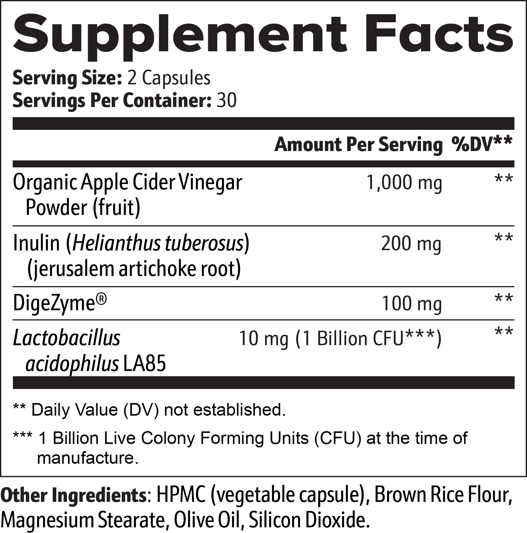 The 111 & COMPANY GUT HEALTH CAPSULES by 111 & Company feature a black-and-white supplement facts label. Each serving (2 capsules) includes Organic Apple Cider Vinegar Powder (1,000 mg), Inulin (200 mg), DigeZyme (100 mg), Lactobacillus acidophilus LA85 (10 mg, 1 Billion CFU), HPMC, and Brown Rice Flour.