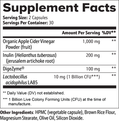 The 111 & COMPANY GUT HEALTH CAPSULES by 111 & Company feature a black-and-white supplement facts label. Each serving (2 capsules) includes Organic Apple Cider Vinegar Powder (1,000 mg), Inulin (200 mg), DigeZyme (100 mg), Lactobacillus acidophilus LA85 (10 mg, 1 Billion CFU), HPMC, and Brown Rice Flour.