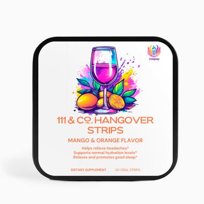 A square tin with a white background features vibrant artwork of a purple cocktail glass surrounded by mango and orange. The text reads: 111 & Company Hangover Strips, Mango & Orange Flavor. Using Ayurvedic practices, it claims to alleviate headaches, support hydration, and aid sleep. Contains 30 strips.