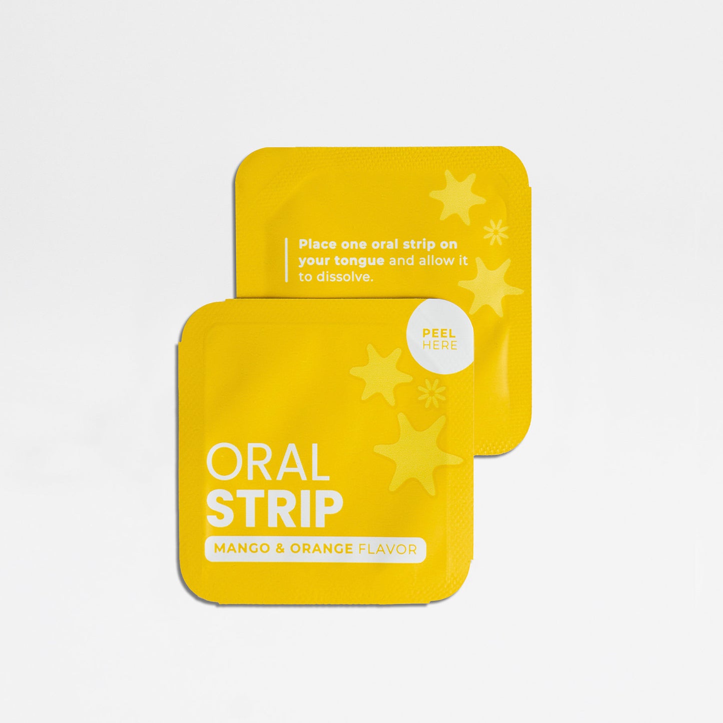 Two yellow square packets of 111 & Company Hangover Strips (Mango & Orange) on a white background. The front packet features the brand name, flavor, and star graphics. The back packet shows instructions: Place one strip on your tongue to dissolve. A Peel Here tab is also visible.