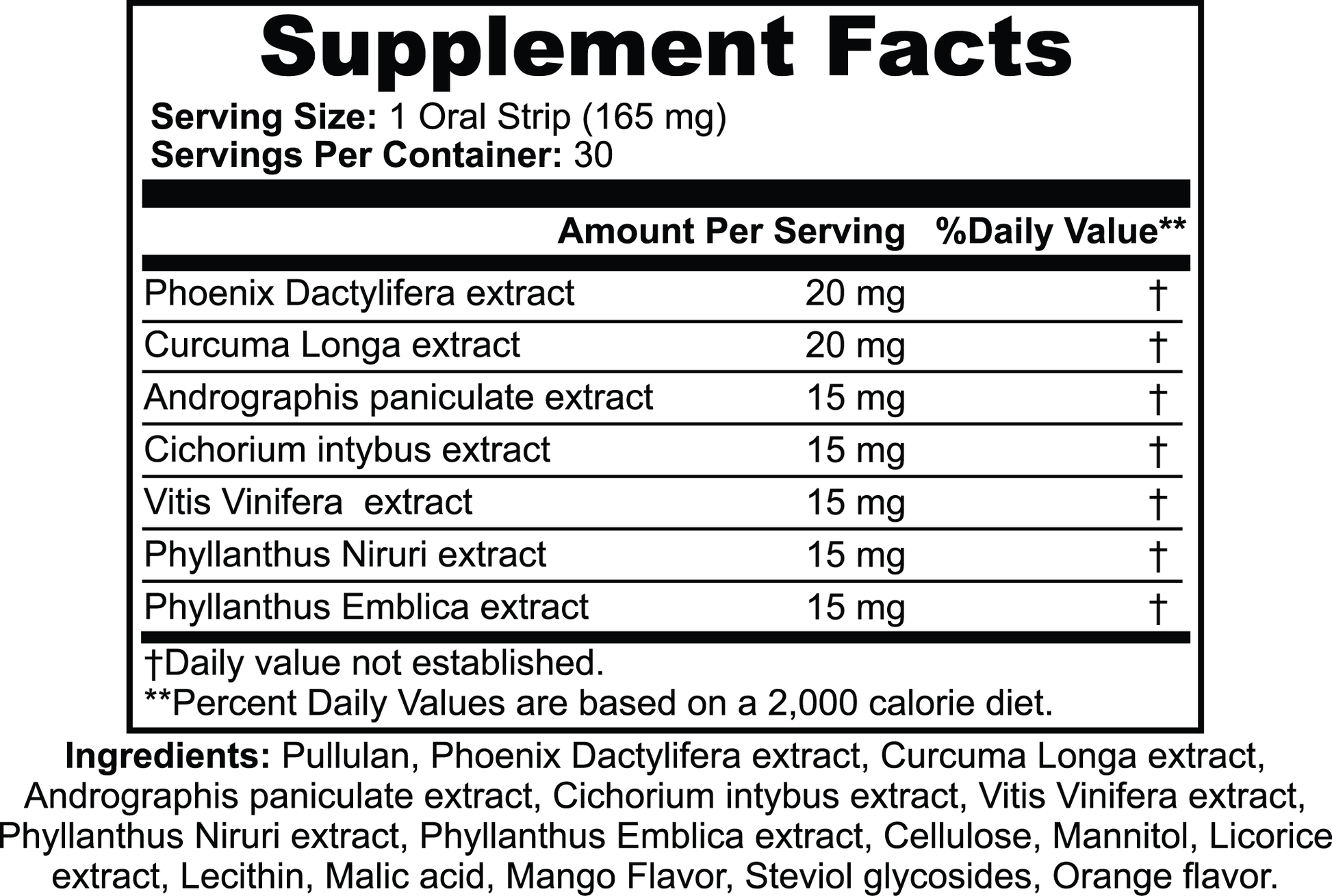 Black and white supplement facts label for 111 & COMPANY HANGOVER STRIPS (MANGO & ORANGE) featuring Phoenix Dactylifera extract (20 mg) and Curcuma Longa extract (15 mg) for general wellness. Includes Pullulan, Licorice extract, etc. Suitable for Ayurvedic practices; Percent Daily Values not established.