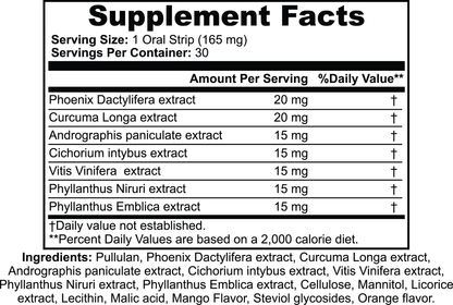 Black and white supplement facts label for 111 & COMPANY HANGOVER STRIPS (MANGO & ORANGE) featuring Phoenix Dactylifera extract (20 mg) and Curcuma Longa extract (15 mg) for general wellness. Includes Pullulan, Licorice extract, etc. Suitable for Ayurvedic practices; Percent Daily Values not established.