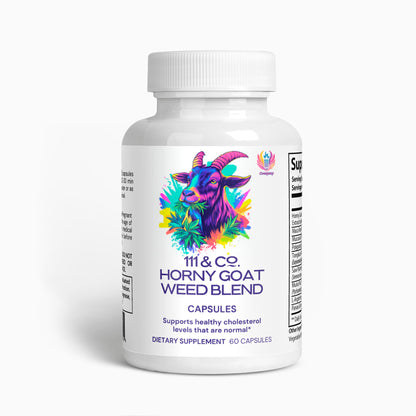 A white bottle labeled 111 & Company Horny Goat Weed Blend features a colorful goat illustration. This 60-capsule dietary supplement supports healthy cholesterol levels. Supplement facts are partially visible on the side.